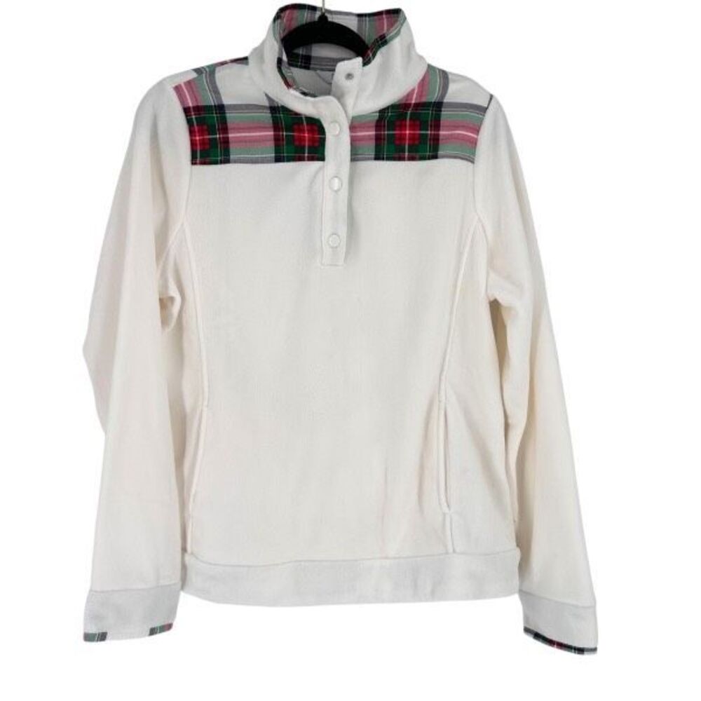 Crown & Ivy NWT Women's Ivory Tartan Plaid Fleece Pullover Jacket Size L Holiday - Picture 5 of 11